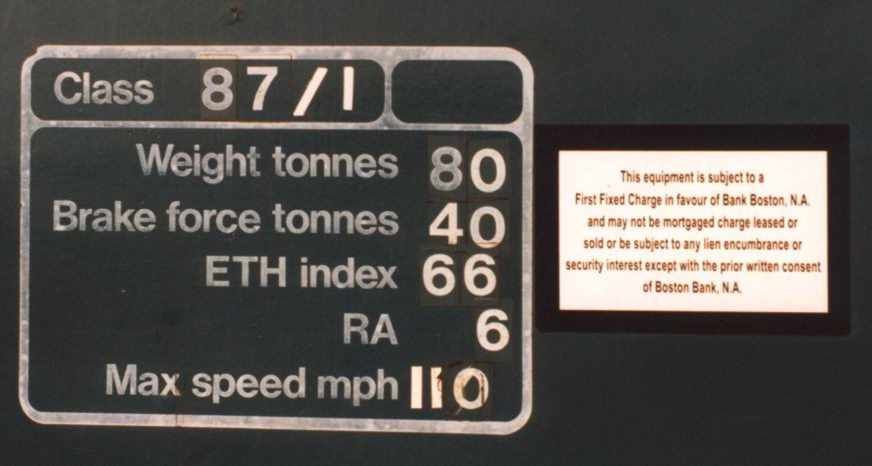 87101's Rating Plate, in BR Blue Livery at Toton.